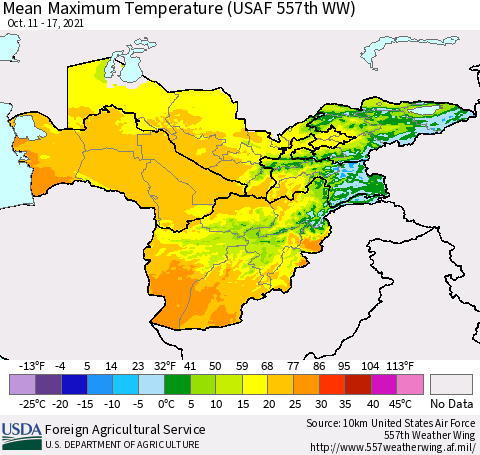 Central Asia Mean Maximum Temperature (USAF 557th WW) Thematic Map For 10/11/2021 - 10/17/2021