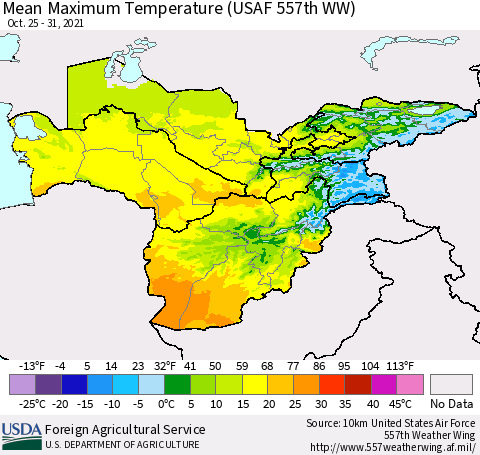 Central Asia Mean Maximum Temperature (USAF 557th WW) Thematic Map For 10/25/2021 - 10/31/2021
