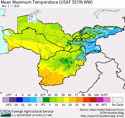 Central Asia Mean Maximum Temperature (USAF 557th WW) Thematic Map For 11/1/2021 - 11/7/2021