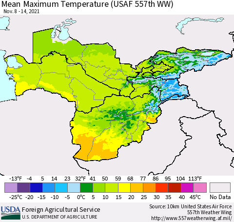 Central Asia Mean Maximum Temperature (USAF 557th WW) Thematic Map For 11/8/2021 - 11/14/2021