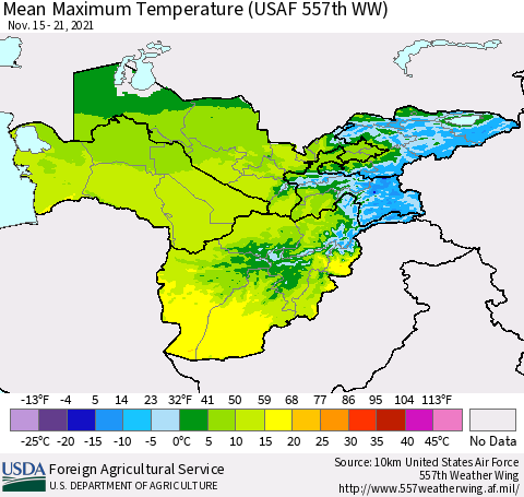 Central Asia Mean Maximum Temperature (USAF 557th WW) Thematic Map For 11/15/2021 - 11/21/2021