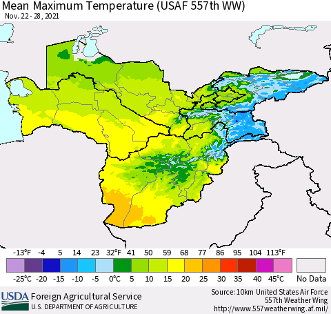 Central Asia Mean Maximum Temperature (USAF 557th WW) Thematic Map For 11/22/2021 - 11/28/2021