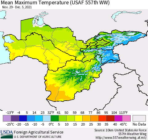 Central Asia Mean Maximum Temperature (USAF 557th WW) Thematic Map For 11/29/2021 - 12/5/2021