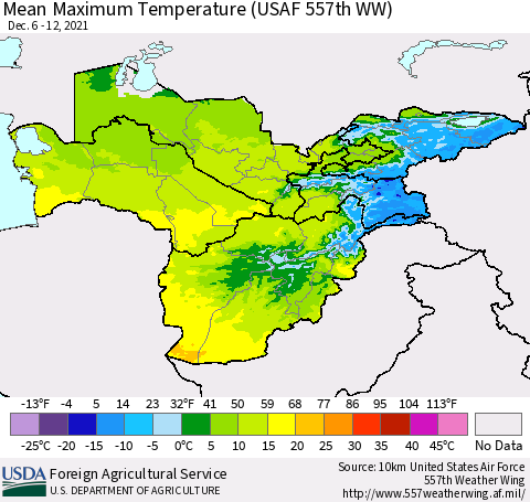 Central Asia Mean Maximum Temperature (USAF 557th WW) Thematic Map For 12/6/2021 - 12/12/2021