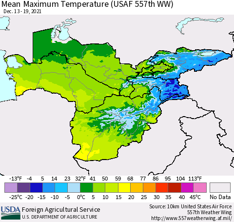 Central Asia Mean Maximum Temperature (USAF 557th WW) Thematic Map For 12/13/2021 - 12/19/2021