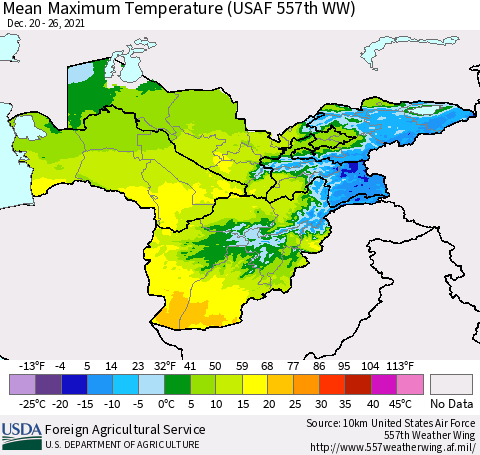 Central Asia Mean Maximum Temperature (USAF 557th WW) Thematic Map For 12/20/2021 - 12/26/2021