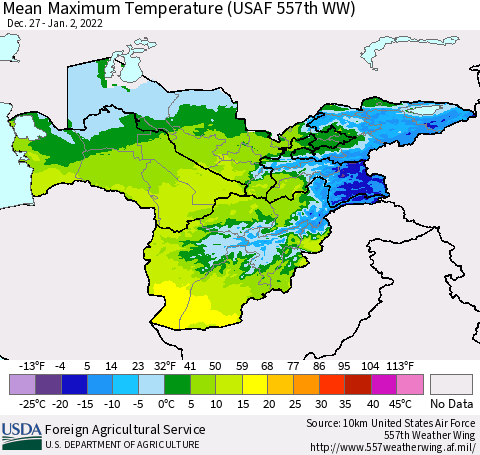 Central Asia Mean Maximum Temperature (USAF 557th WW) Thematic Map For 12/27/2021 - 1/2/2022