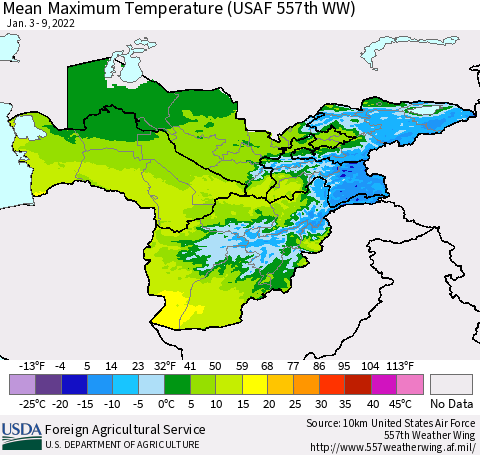 Central Asia Mean Maximum Temperature (USAF 557th WW) Thematic Map For 1/3/2022 - 1/9/2022
