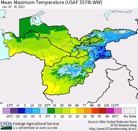 Central Asia Mean Maximum Temperature (USAF 557th WW) Thematic Map For 1/10/2022 - 1/16/2022