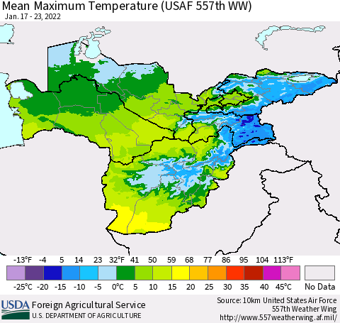 Central Asia Mean Maximum Temperature (USAF 557th WW) Thematic Map For 1/17/2022 - 1/23/2022