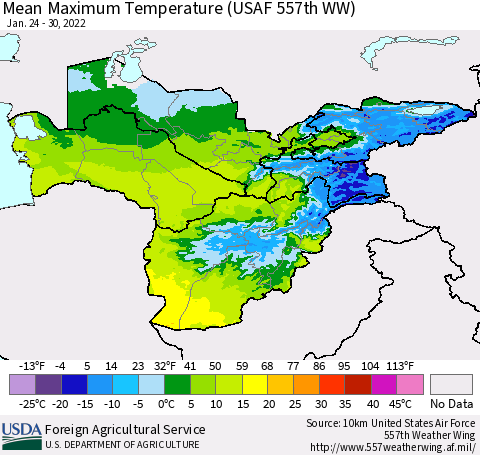 Central Asia Mean Maximum Temperature (USAF 557th WW) Thematic Map For 1/24/2022 - 1/30/2022