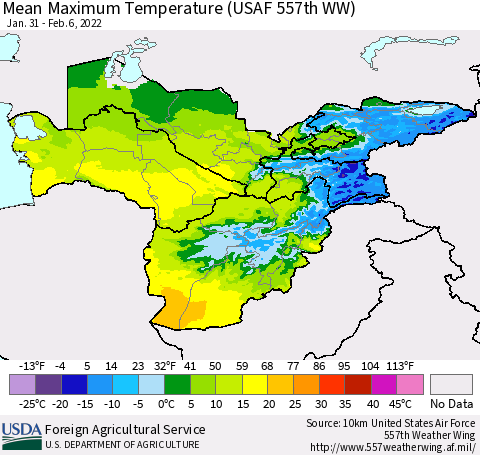 Central Asia Mean Maximum Temperature (USAF 557th WW) Thematic Map For 1/31/2022 - 2/6/2022
