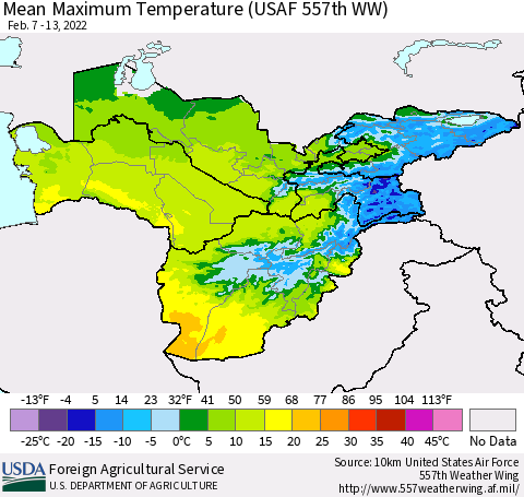 Central Asia Mean Maximum Temperature (USAF 557th WW) Thematic Map For 2/7/2022 - 2/13/2022