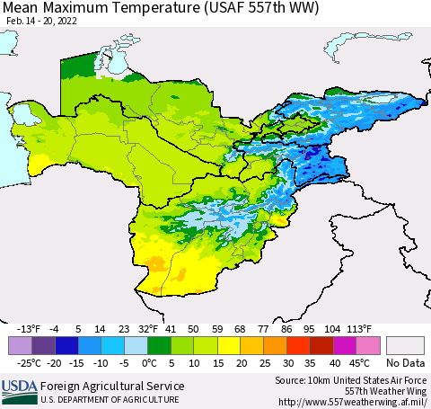 Central Asia Mean Maximum Temperature (USAF 557th WW) Thematic Map For 2/14/2022 - 2/20/2022