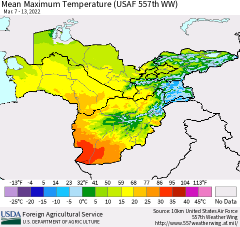 Central Asia Mean Maximum Temperature (USAF 557th WW) Thematic Map For 3/7/2022 - 3/13/2022