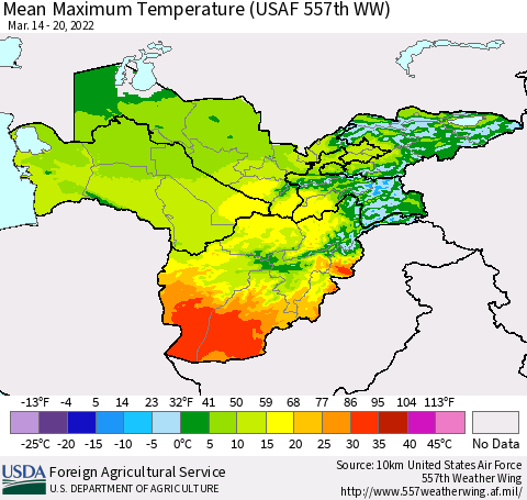 Central Asia Mean Maximum Temperature (USAF 557th WW) Thematic Map For 3/14/2022 - 3/20/2022