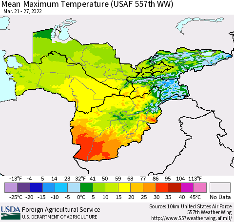 Central Asia Mean Maximum Temperature (USAF 557th WW) Thematic Map For 3/21/2022 - 3/27/2022
