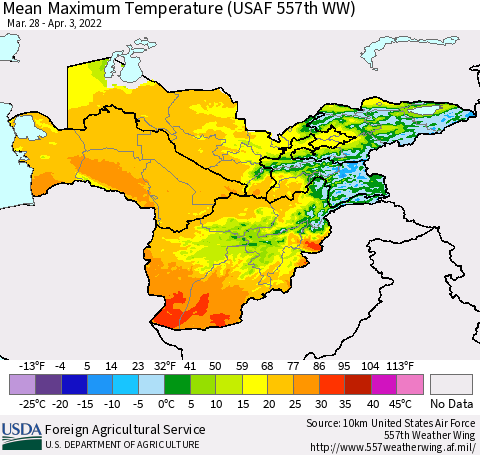 Central Asia Mean Maximum Temperature (USAF 557th WW) Thematic Map For 3/28/2022 - 4/3/2022