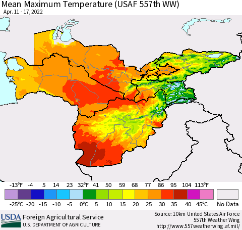 Central Asia Mean Maximum Temperature (USAF 557th WW) Thematic Map For 4/11/2022 - 4/17/2022