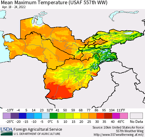 Central Asia Mean Maximum Temperature (USAF 557th WW) Thematic Map For 4/18/2022 - 4/24/2022
