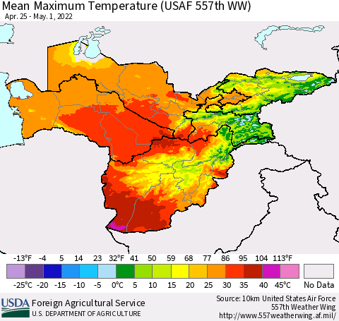 Central Asia Mean Maximum Temperature (USAF 557th WW) Thematic Map For 4/25/2022 - 5/1/2022