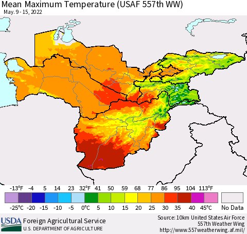 Central Asia Mean Maximum Temperature (USAF 557th WW) Thematic Map For 5/9/2022 - 5/15/2022