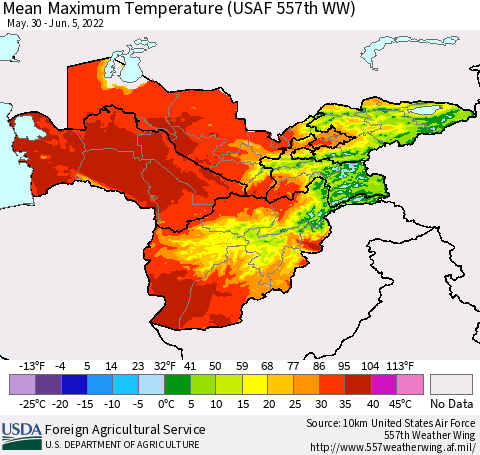 Central Asia Mean Maximum Temperature (USAF 557th WW) Thematic Map For 5/30/2022 - 6/5/2022