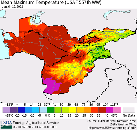 Central Asia Mean Maximum Temperature (USAF 557th WW) Thematic Map For 6/6/2022 - 6/12/2022