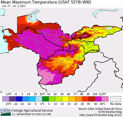 Central Asia Mean Maximum Temperature (USAF 557th WW) Thematic Map For 6/27/2022 - 7/3/2022