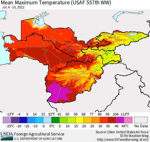 Central Asia Mean Maximum Temperature (USAF 557th WW) Thematic Map For 7/4/2022 - 7/10/2022