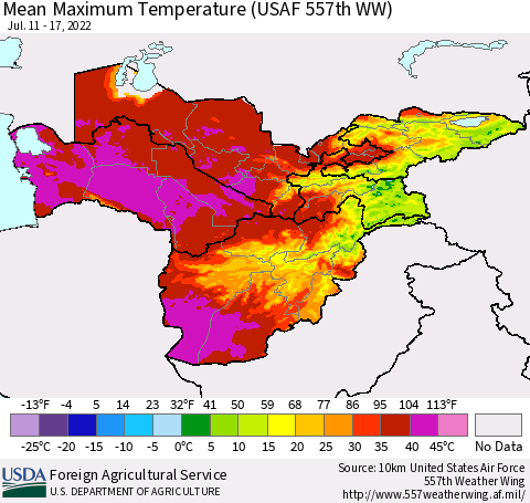 Central Asia Mean Maximum Temperature (USAF 557th WW) Thematic Map For 7/11/2022 - 7/17/2022