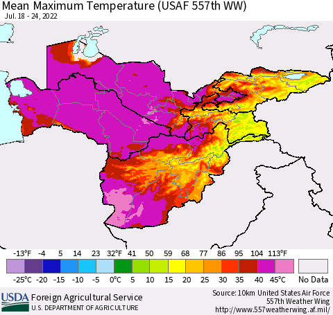Central Asia Mean Maximum Temperature (USAF 557th WW) Thematic Map For 7/18/2022 - 7/24/2022