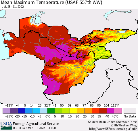 Central Asia Mean Maximum Temperature (USAF 557th WW) Thematic Map For 7/25/2022 - 7/31/2022