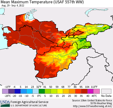 Central Asia Mean Maximum Temperature (USAF 557th WW) Thematic Map For 8/29/2022 - 9/4/2022