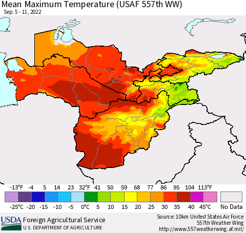 Central Asia Mean Maximum Temperature (USAF 557th WW) Thematic Map For 9/5/2022 - 9/11/2022