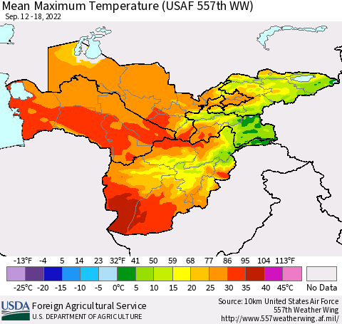 Central Asia Mean Maximum Temperature (USAF 557th WW) Thematic Map For 9/12/2022 - 9/18/2022