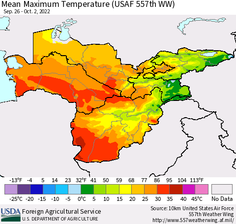 Central Asia Mean Maximum Temperature (USAF 557th WW) Thematic Map For 9/26/2022 - 10/2/2022