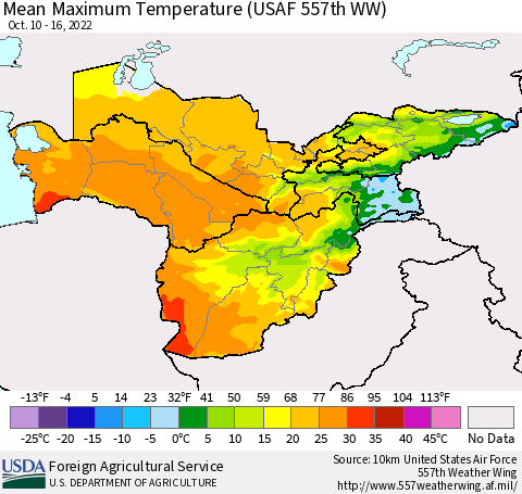 Central Asia Mean Maximum Temperature (USAF 557th WW) Thematic Map For 10/10/2022 - 10/16/2022