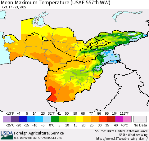 Central Asia Mean Maximum Temperature (USAF 557th WW) Thematic Map For 10/17/2022 - 10/23/2022