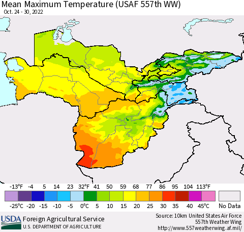 Central Asia Mean Maximum Temperature (USAF 557th WW) Thematic Map For 10/24/2022 - 10/30/2022
