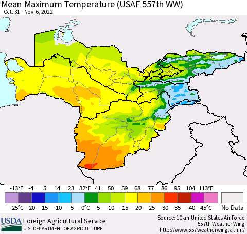 Central Asia Mean Maximum Temperature (USAF 557th WW) Thematic Map For 10/31/2022 - 11/6/2022