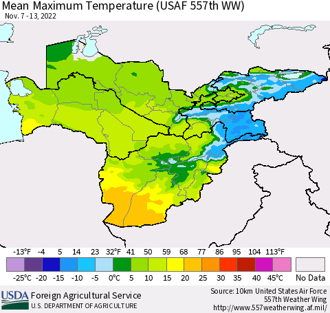 Central Asia Mean Maximum Temperature (USAF 557th WW) Thematic Map For 11/7/2022 - 11/13/2022
