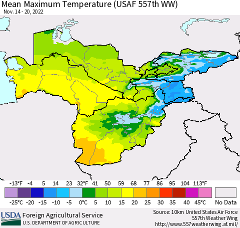 Central Asia Mean Maximum Temperature (USAF 557th WW) Thematic Map For 11/14/2022 - 11/20/2022