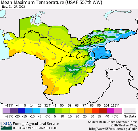 Central Asia Mean Maximum Temperature (USAF 557th WW) Thematic Map For 11/21/2022 - 11/27/2022