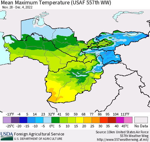 Central Asia Mean Maximum Temperature (USAF 557th WW) Thematic Map For 11/28/2022 - 12/4/2022