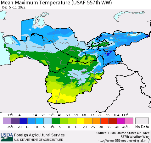 Central Asia Mean Maximum Temperature (USAF 557th WW) Thematic Map For 12/5/2022 - 12/11/2022