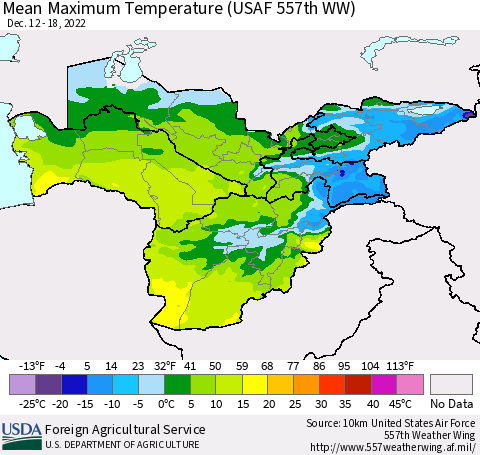 Central Asia Mean Maximum Temperature (USAF 557th WW) Thematic Map For 12/12/2022 - 12/18/2022