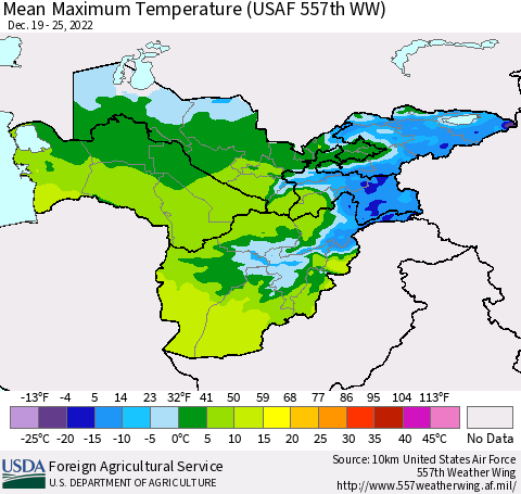 Central Asia Mean Maximum Temperature (USAF 557th WW) Thematic Map For 12/19/2022 - 12/25/2022