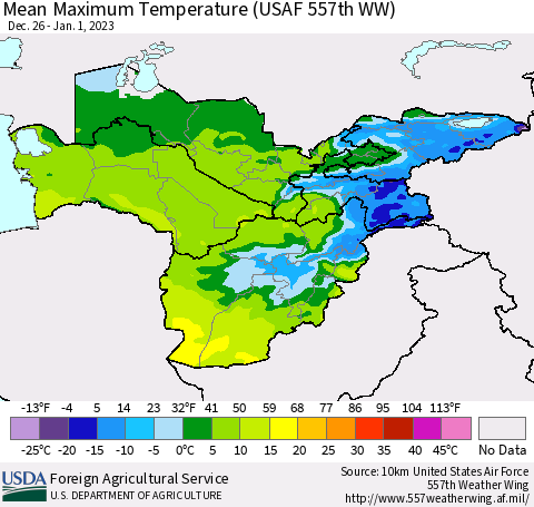 Central Asia Mean Maximum Temperature (USAF 557th WW) Thematic Map For 12/26/2022 - 1/1/2023