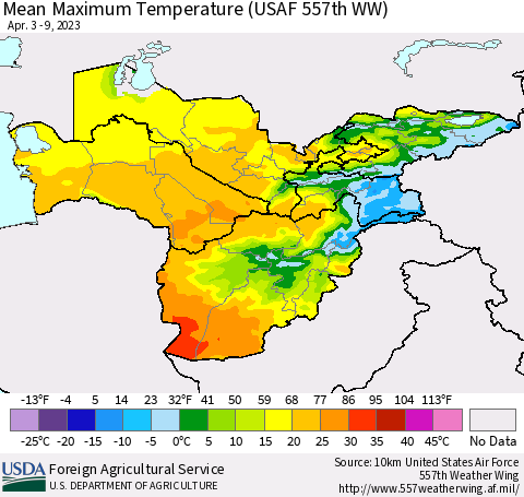 Central Asia Mean Maximum Temperature (USAF 557th WW) Thematic Map For 4/3/2023 - 4/9/2023